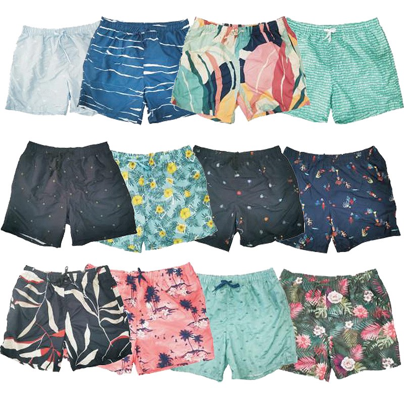 Pantalones cortos impresos para hombre al por mayor de la natación de la playa con la guarnición de malla y dos bolsillos en existencia