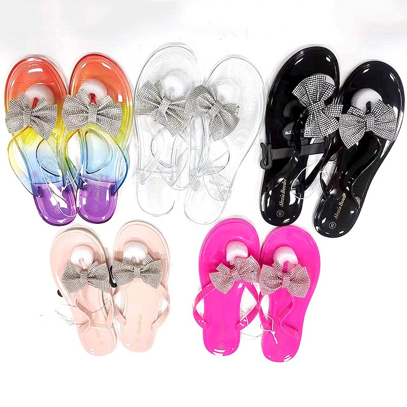 Envío cancelado Señoras PVC Zapatillas transparentes Chanclas Sandalias con lazo de cristal