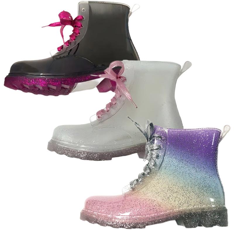 Botas de lluvia de PVC antideslizantes con polvo fluorescente, stock de liquidación, con cordones para niñas y adolescentes